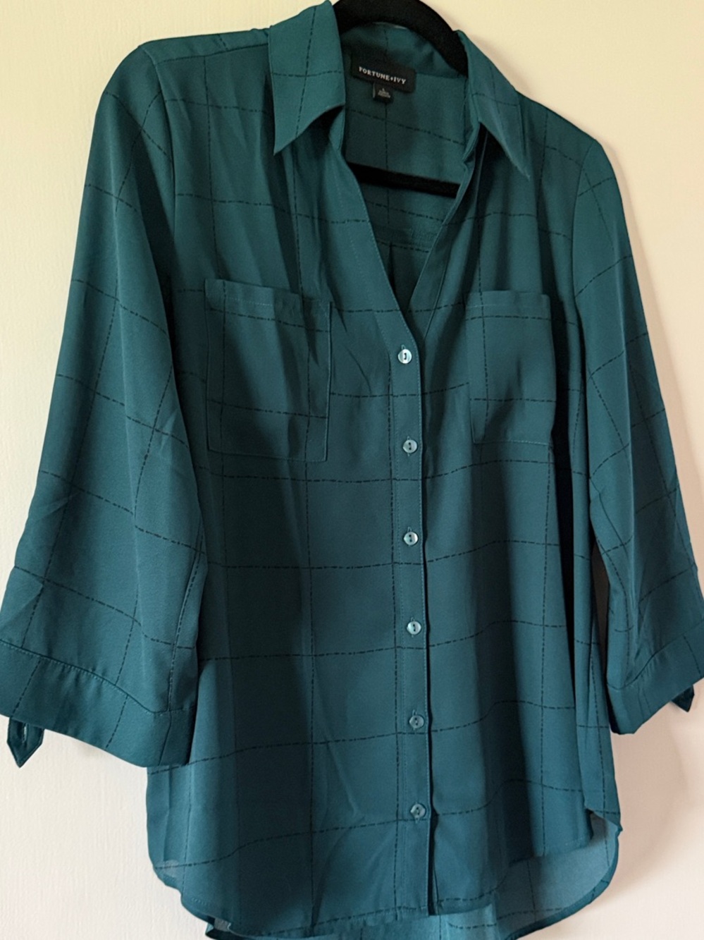 Fortune & Ivy Dark Green Check Button-Front Blouse - Women